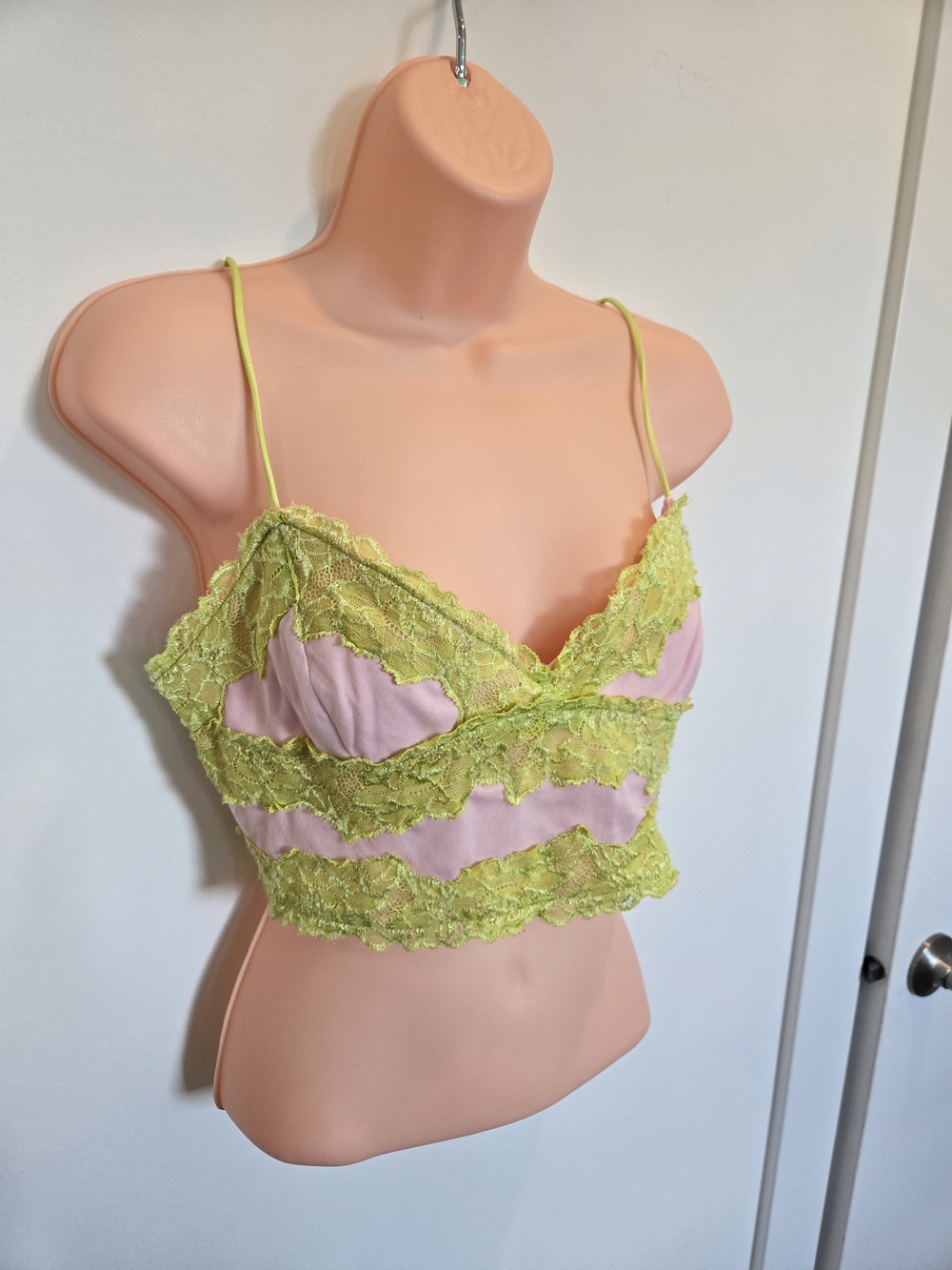 Lace Trim Bralette Crop Top - Pink with Lime Lace